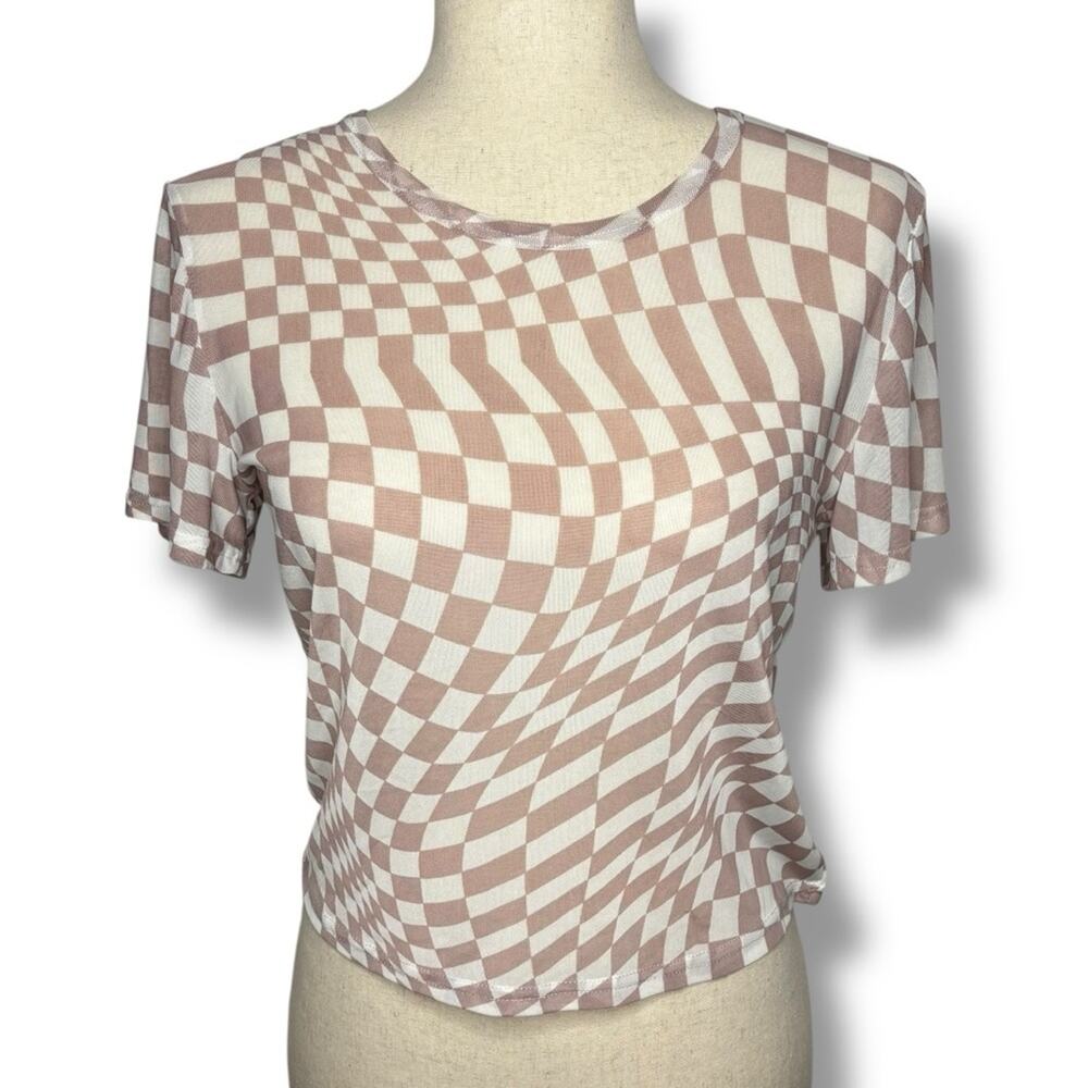 Social Scene Mesh Checkered Short Sleeve Shirt In Light Brown Juniors Size XL